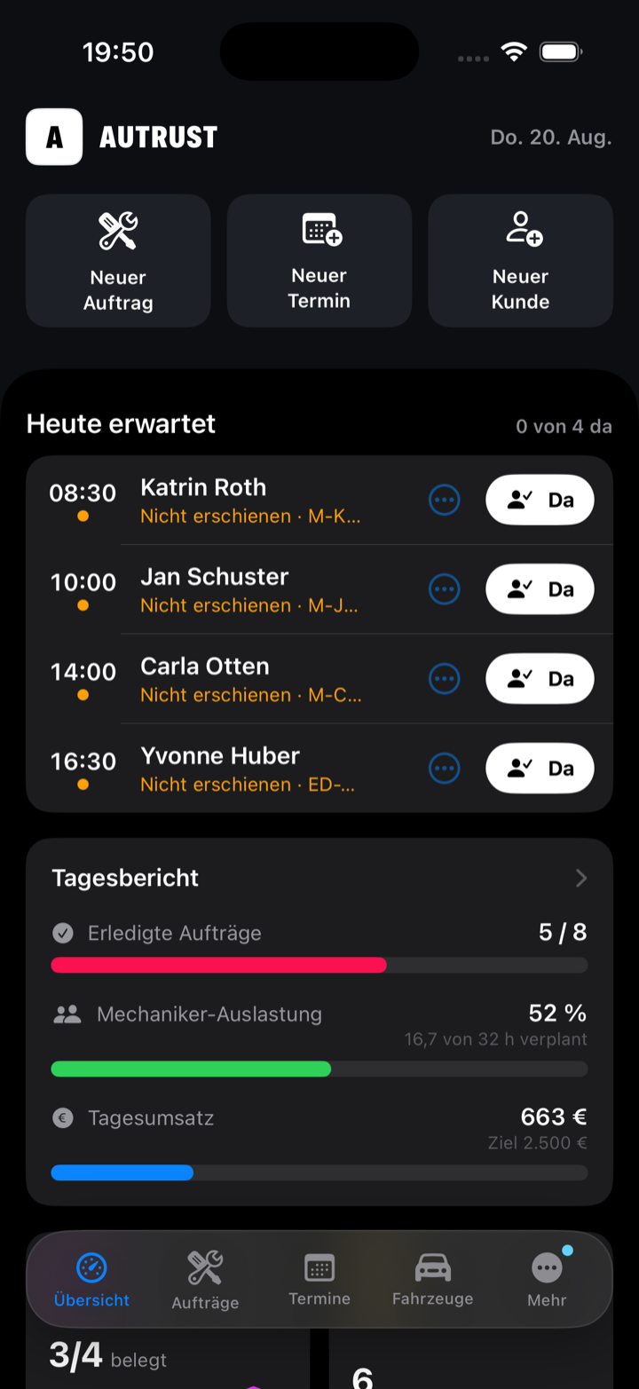 Autrust App — Tagesübersicht mit Terminen und Tagesbericht