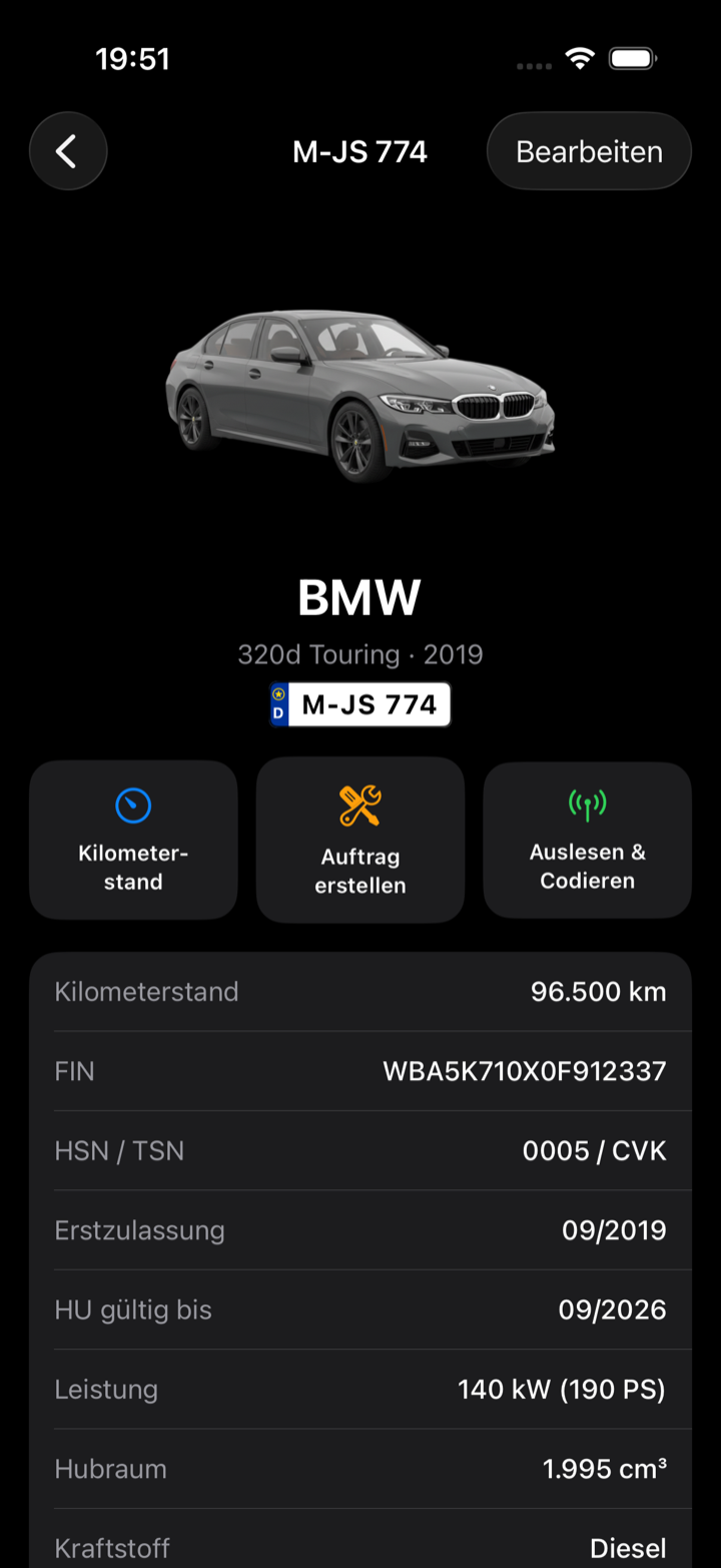Digitale Fahrzeugakte mit Fahrzeugdaten, HU-Termin und Fahrzeugbild