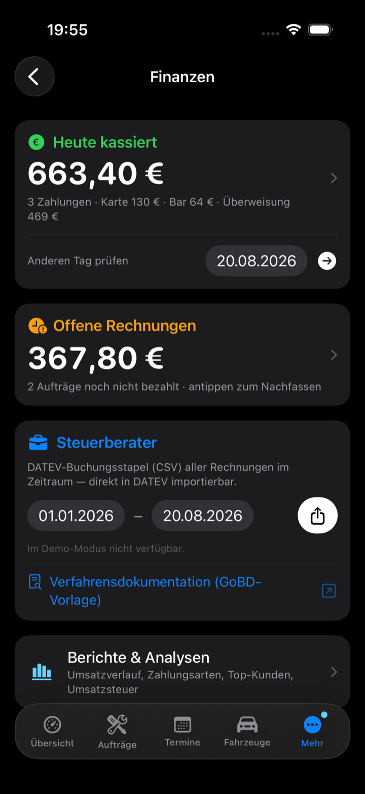 Finanzen-Übersicht: heute kassiert, offene Rechnungen, DATEV-Export